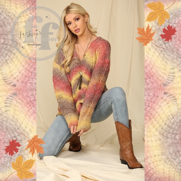 Gigio Autumn Sunset Fall Foliage Wavy Ombre Stripe Open Knit Pastel Sweater - Picture 6 of 6